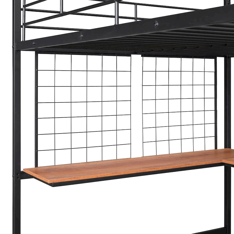 Cama alta Full Metal con escritorio y rejilla metálica, negra