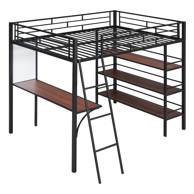Cama loft de metal tamaño matrimonial con 3 niveles de estantes y escritorio, elegante estructura de cama de metal con pizarra, negra