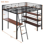 Cama loft de metal tamaño matrimonial con 3 niveles de estantes y escritorio, elegante estructura de cama de metal con pizarra, negra