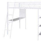 Cama loft de metal tamaño matrimonial con 3 niveles de estantes y escritorio, elegante estructura de cama de metal con pizarra, negra
