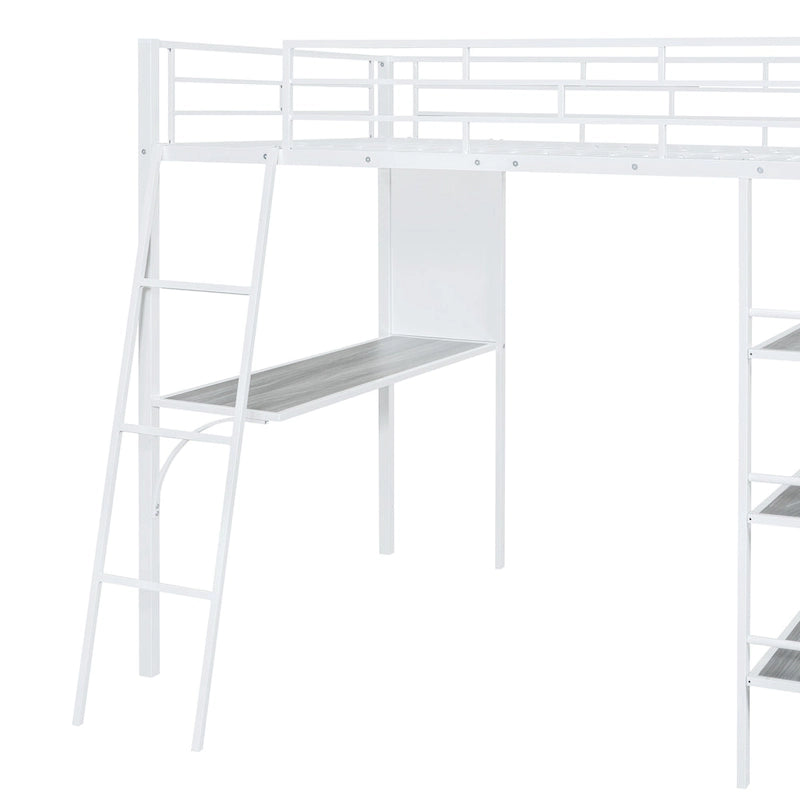 Cama loft de metal tamaño matrimonial con 3 niveles de estantes y escritorio, elegante estructura de cama de metal con pizarra, negra