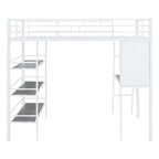Cama loft de metal tamaño matrimonial con 3 niveles de estantes y escritorio, elegante estructura de cama de metal con pizarra, negra