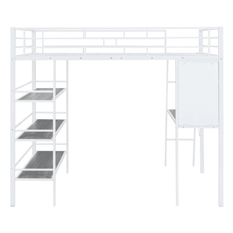 Cama loft de metal tamaño matrimonial con 3 niveles de estantes y escritorio, elegante estructura de cama de metal con pizarra, negra