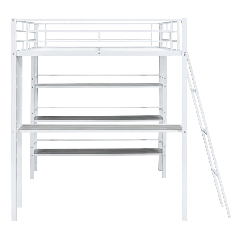 Cama loft de metal tamaño matrimonial con 3 niveles de estantes y escritorio, elegante estructura de cama de metal con pizarra, negra