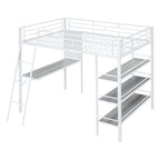 Cama loft de metal tamaño matrimonial con 3 niveles de estantes y escritorio, elegante estructura de cama de metal con pizarra, negra