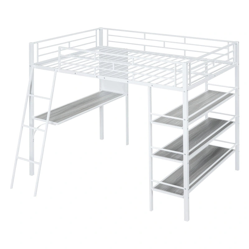 Cama loft de metal tamaño matrimonial con 3 niveles de estantes y escritorio, elegante estructura de cama de metal con pizarra, negra