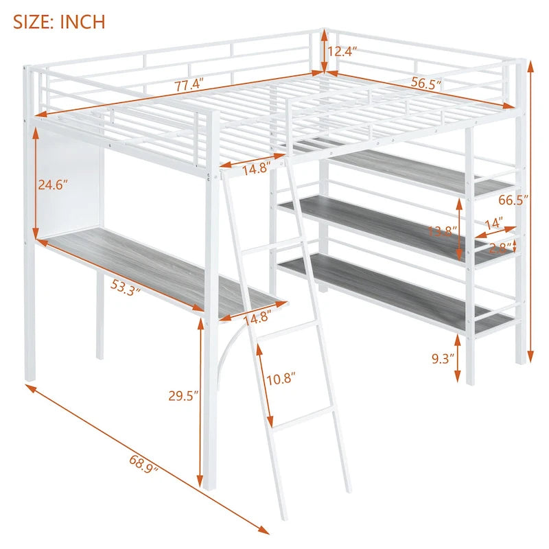 Cama loft de metal tamaño matrimonial con 3 niveles de estantes y escritorio, elegante estructura de cama de metal con pizarra, negra