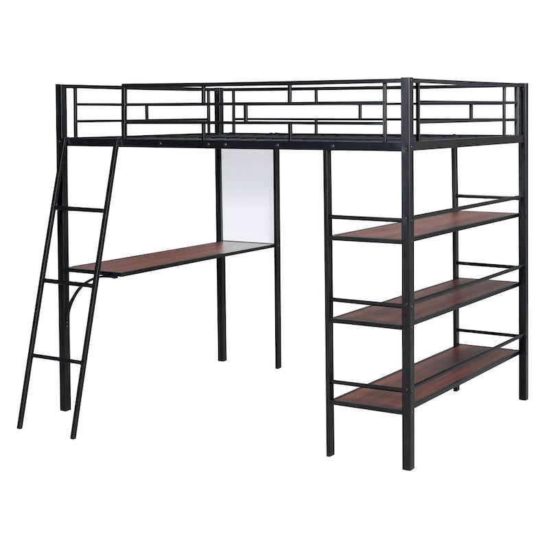 Cama loft de metal tamaño matrimonial con 3 niveles de estantes y escritorio, elegante estructura de cama de metal con pizarra, negra