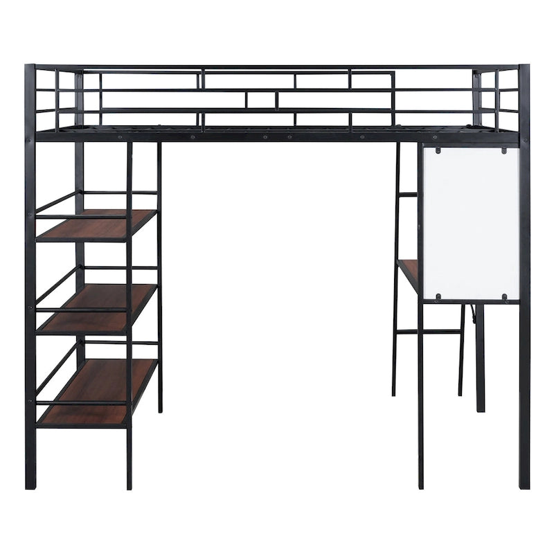 Cama loft de metal tamaño matrimonial con 3 niveles de estantes y escritorio, elegante estructura de cama de metal con pizarra, negra