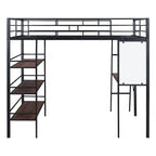 Cama loft de metal tamaño matrimonial con 3 niveles de estantes y escritorio, elegante estructura de cama de metal con pizarra, negra