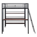 Cama loft de metal tamaño matrimonial con 3 niveles de estantes y escritorio, elegante estructura de cama de metal con pizarra, negra