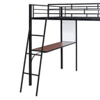 Cama loft de metal tamaño matrimonial con 3 niveles de estantes y escritorio, elegante estructura de cama de metal con pizarra, negra