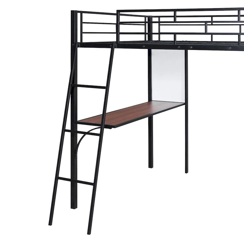 Cama loft de metal tamaño matrimonial con 3 niveles de estantes y escritorio, elegante estructura de cama de metal con pizarra, negra