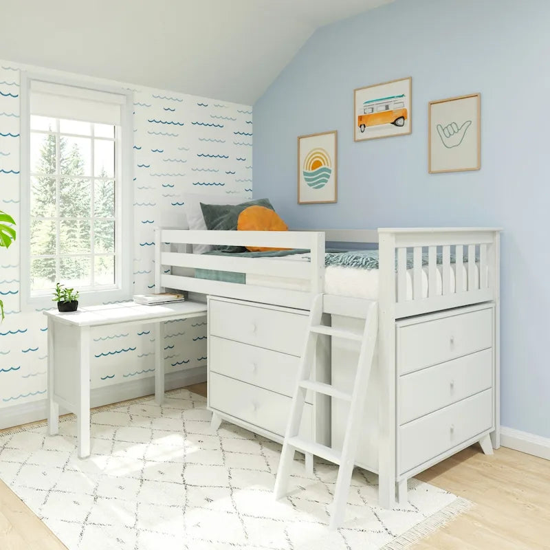 Cama alta baja individual con escritorio extraíble y cómodas de 3 cajones