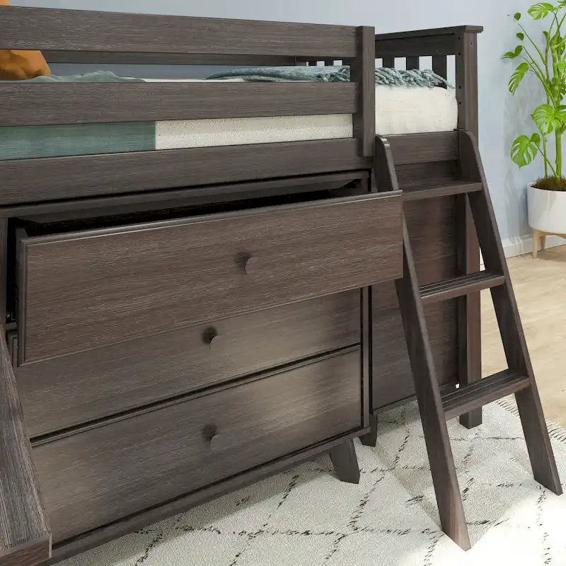 Cama alta baja individual con escritorio extraíble y cómodas de 3 cajones