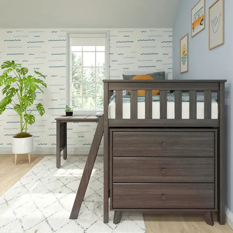 Cama alta baja individual con escritorio extraíble y cómodas de 3 cajones