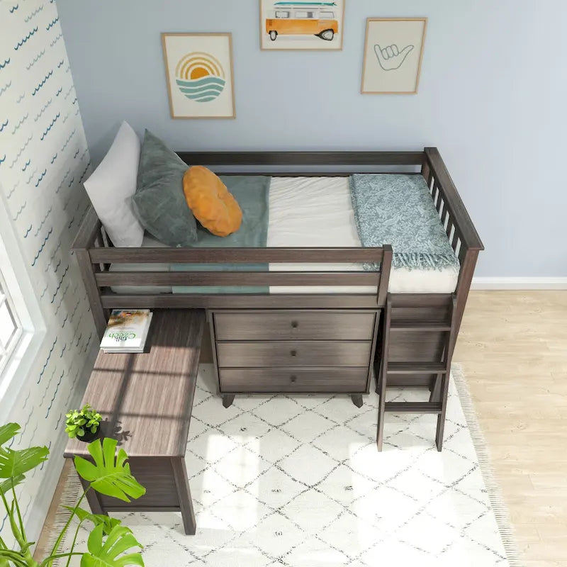Cama alta baja individual con escritorio extraíble y cómodas de 3 cajones