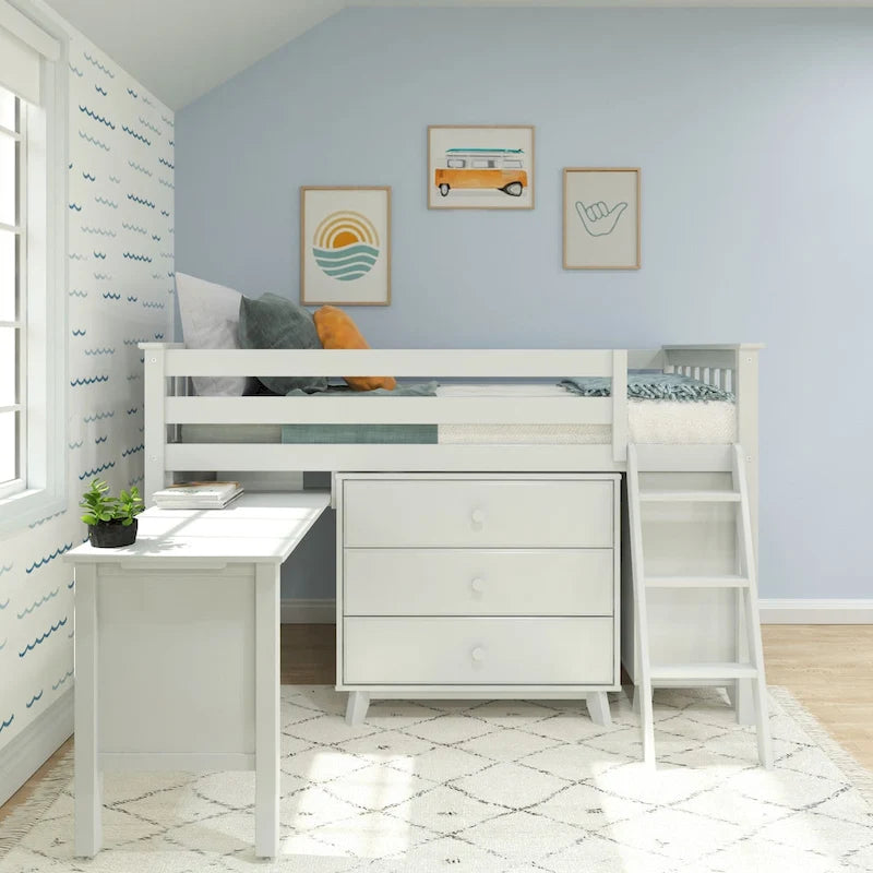Cama alta baja individual con escritorio extraíble y cómodas de 3 cajones