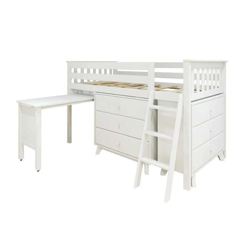 Cama alta baja individual con escritorio extraíble y cómodas de 3 cajones
