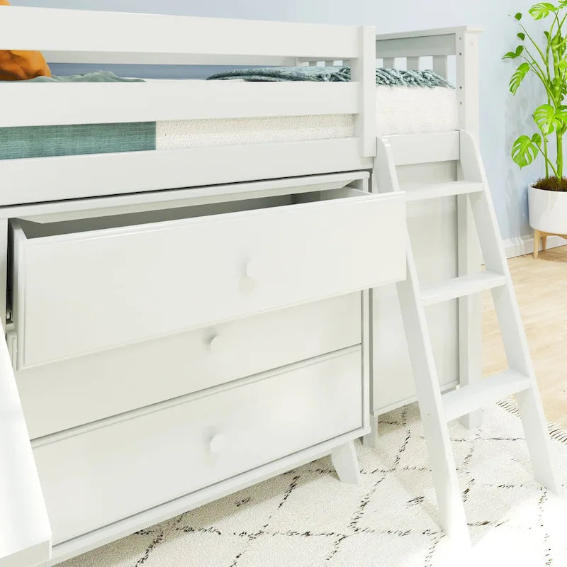 Cama alta baja individual con escritorio extraíble y cómodas de 3 cajones
