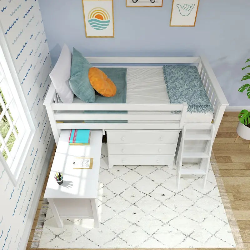Cama alta baja individual con escritorio extraíble y cómodas de 3 cajones