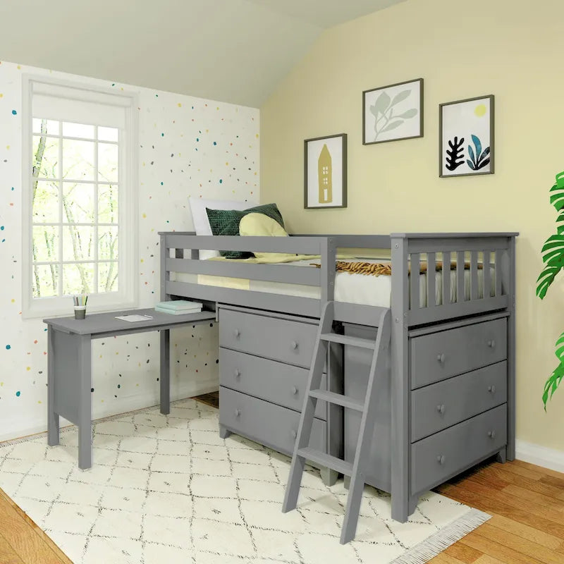 Cama alta baja individual con escritorio extraíble y cómodas de 3 cajones