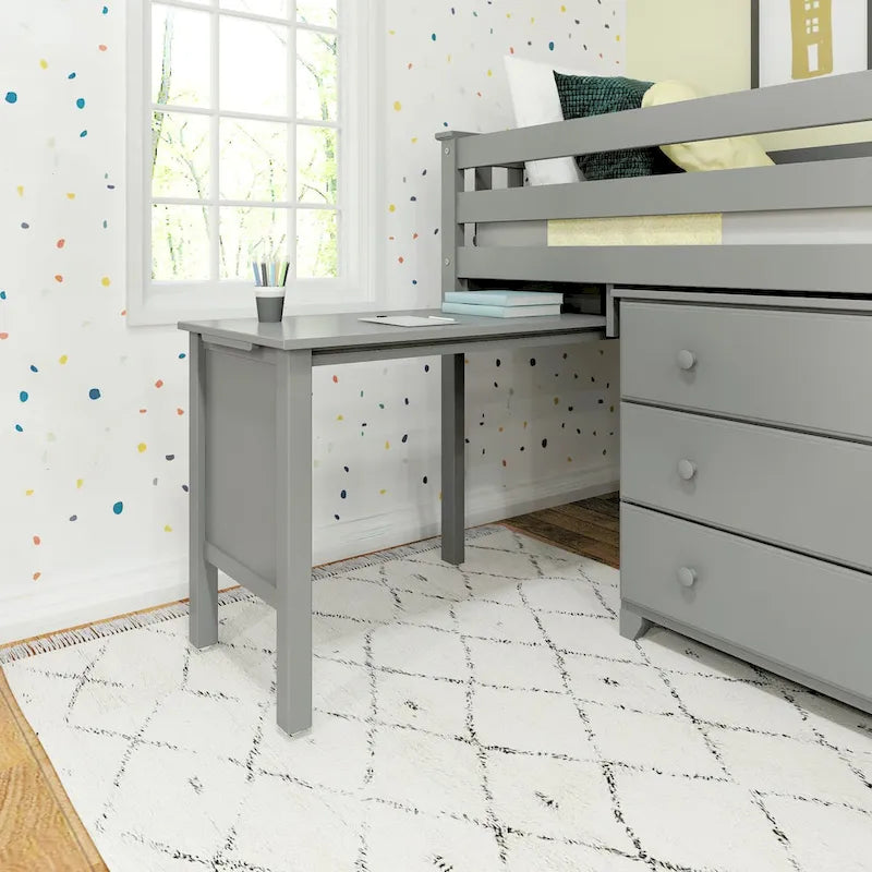 Cama alta baja individual con escritorio extraíble y cómodas de 3 cajones
