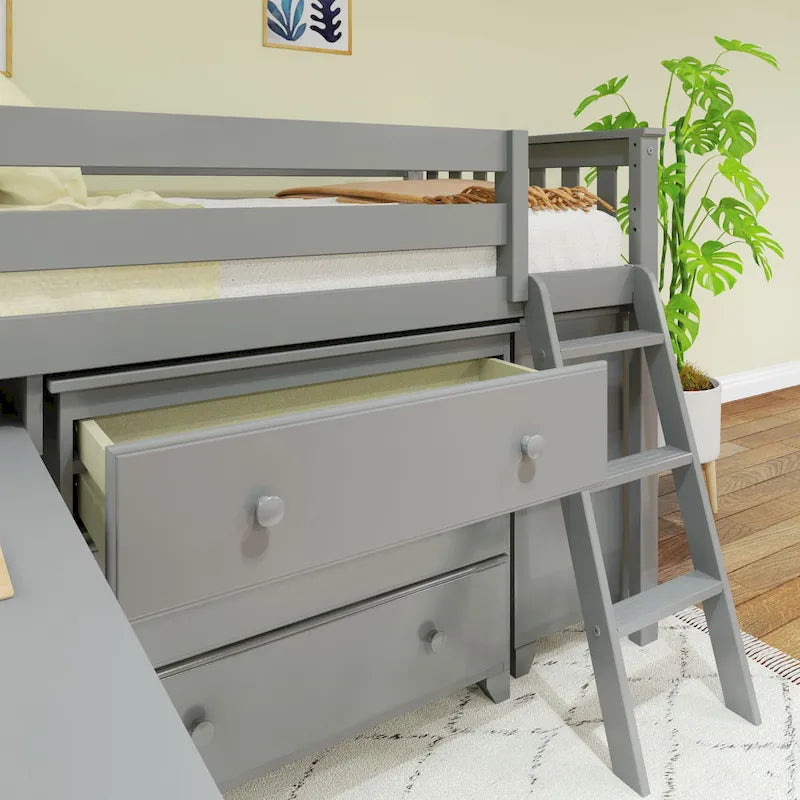 Cama alta baja individual con escritorio extraíble y cómodas de 3 cajones