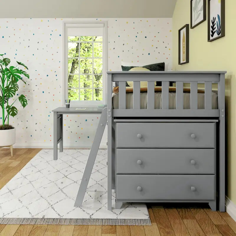 Cama alta baja individual con escritorio extraíble y cómodas de 3 cajones