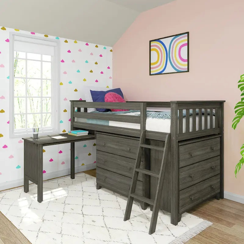 Cama alta baja individual con escritorio extraíble y cómodas de 3 cajones