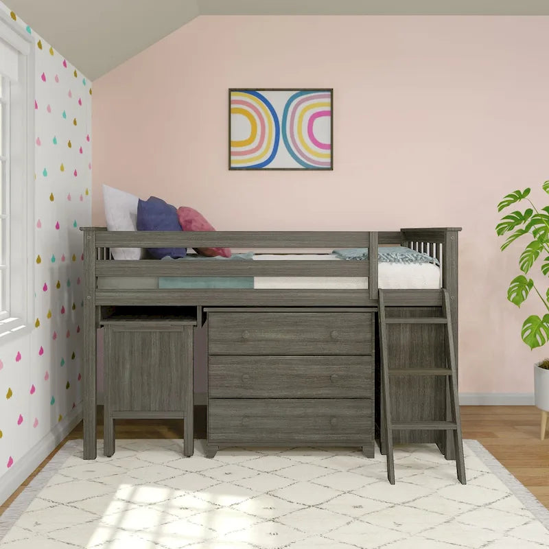 Cama alta baja individual con escritorio extraíble y cómodas de 3 cajones