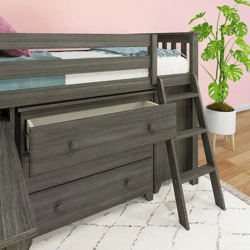 Cama alta baja individual con escritorio extraíble y cómodas de 3 cajones