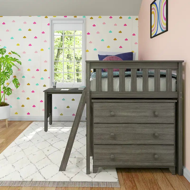 Cama alta baja individual con escritorio extraíble y cómodas de 3 cajones