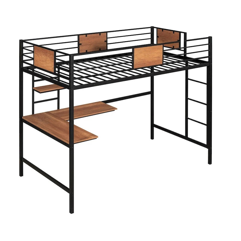 Cama alta doble de metal con escritorio y estante