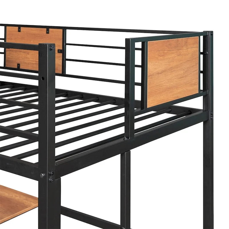 Cama alta doble de metal con escritorio y estante