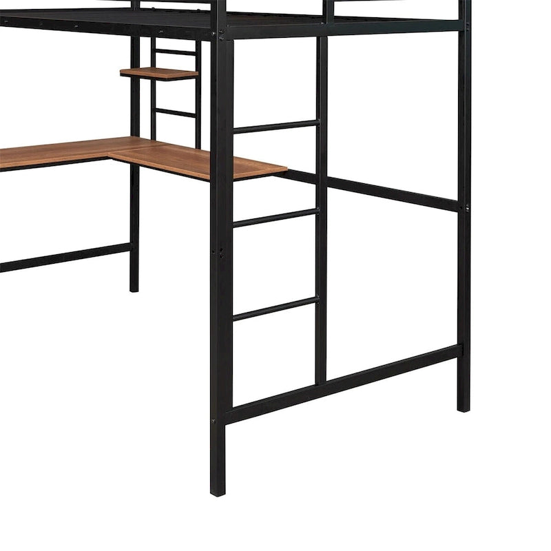 Cama alta doble de metal con escritorio y estante