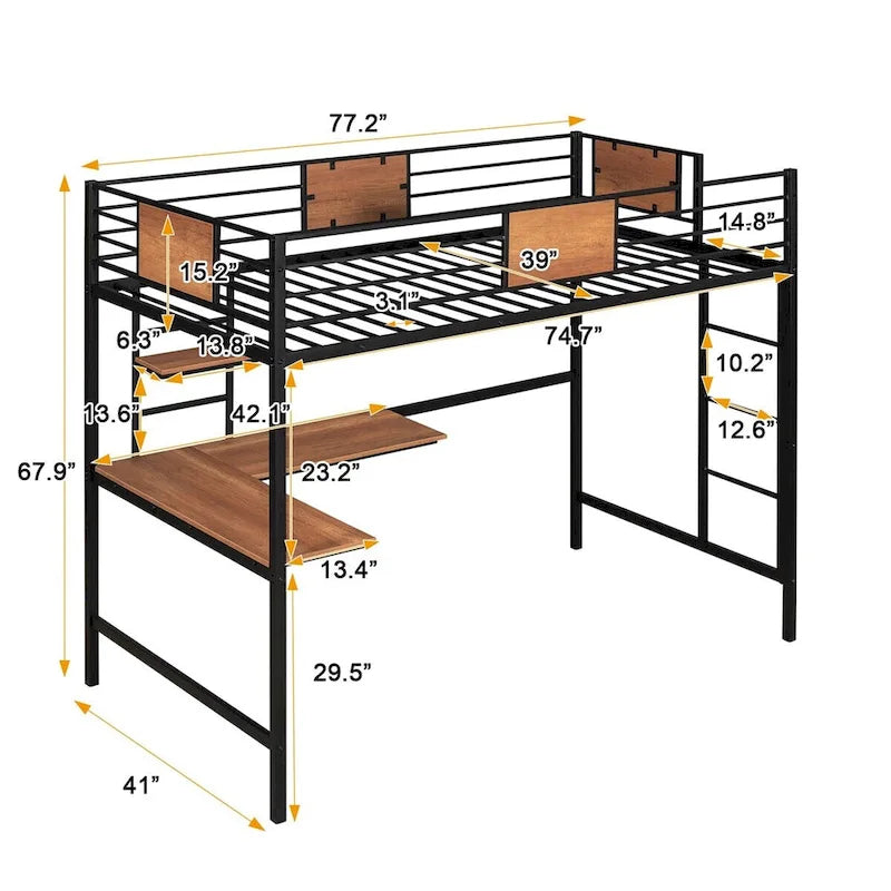 Cama alta doble de metal con escritorio y estante