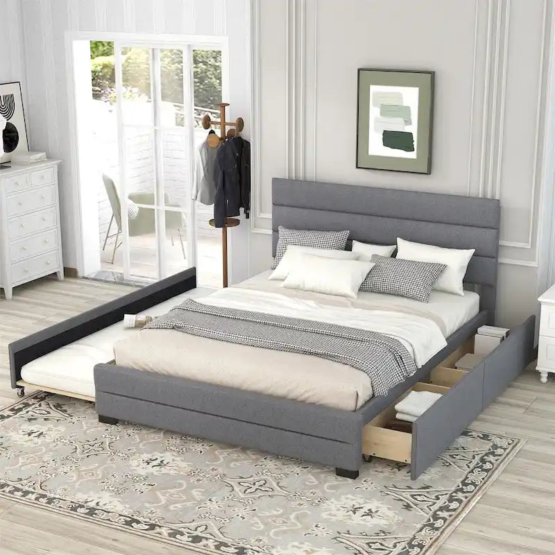 Cama plataforma tapizada Queen beige, con cama nido, cajones de almacenamiento, diseño moderno, estructura resistente
