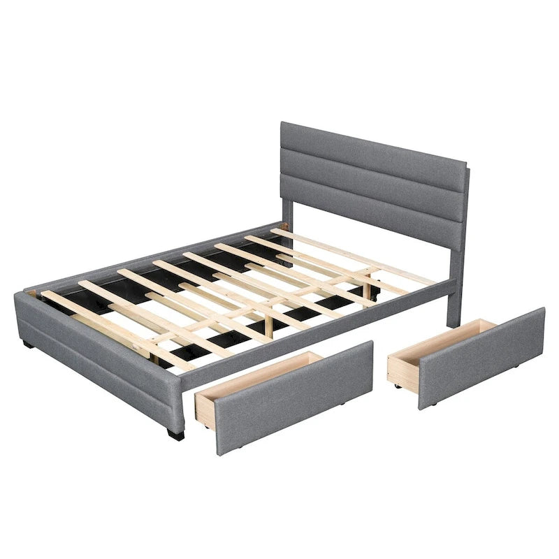 Cama plataforma tapizada Queen beige, con cama nido, cajones de almacenamiento, diseño moderno, estructura resistente
