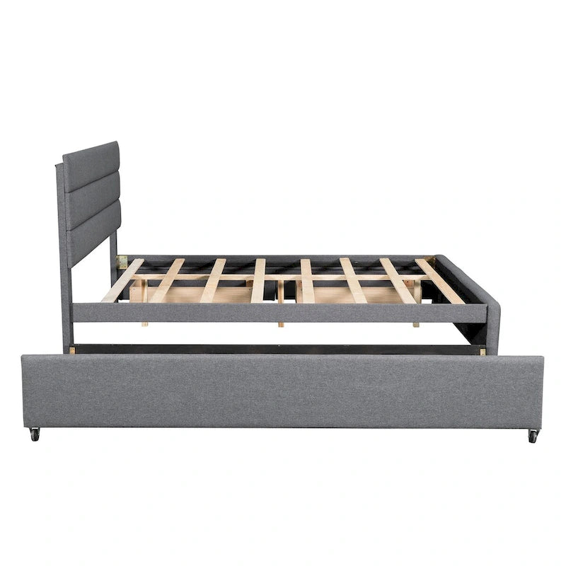 Cama plataforma tapizada Queen beige, con cama nido, cajones de almacenamiento, diseño moderno, estructura resistente