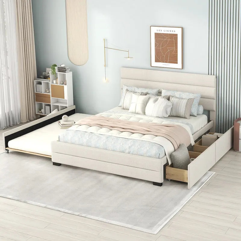 Cama plataforma tapizada Queen beige, con cama nido, cajones de almacenamiento, diseño moderno, estructura resistente