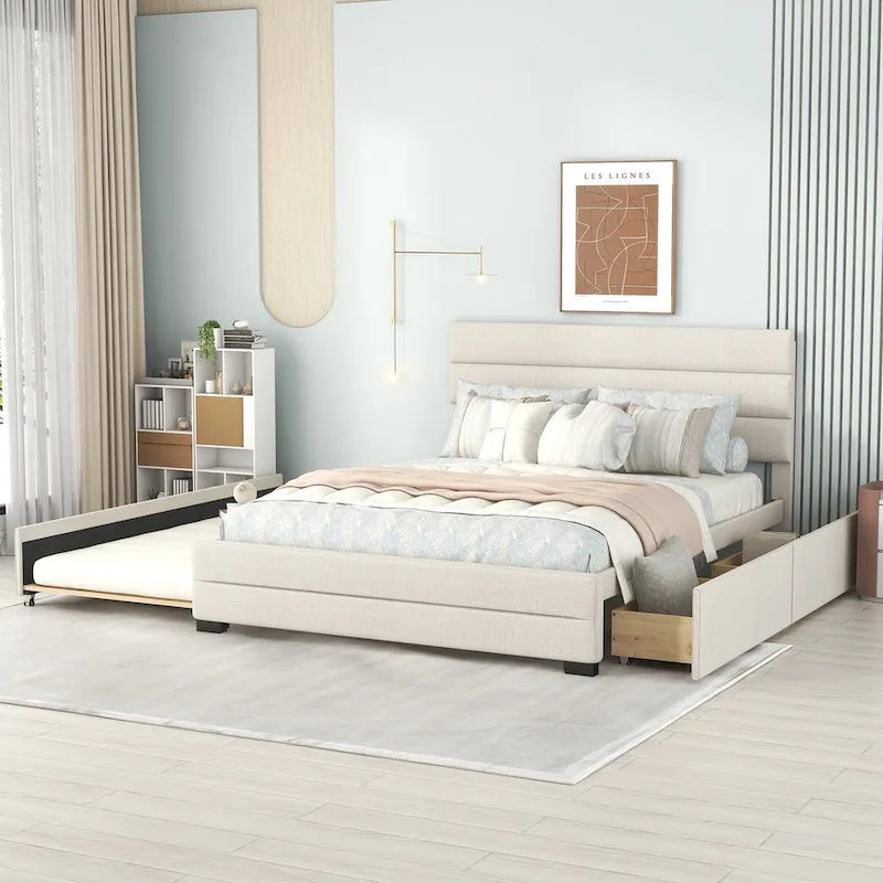 Cama plataforma tapizada Queen beige, con cama nido, cajones de almacenamiento, diseño moderno, estructura resistente