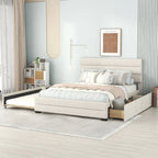 Cama plataforma tapizada Queen beige, con cama nido, cajones de almacenamiento, diseño moderno, estructura resistente