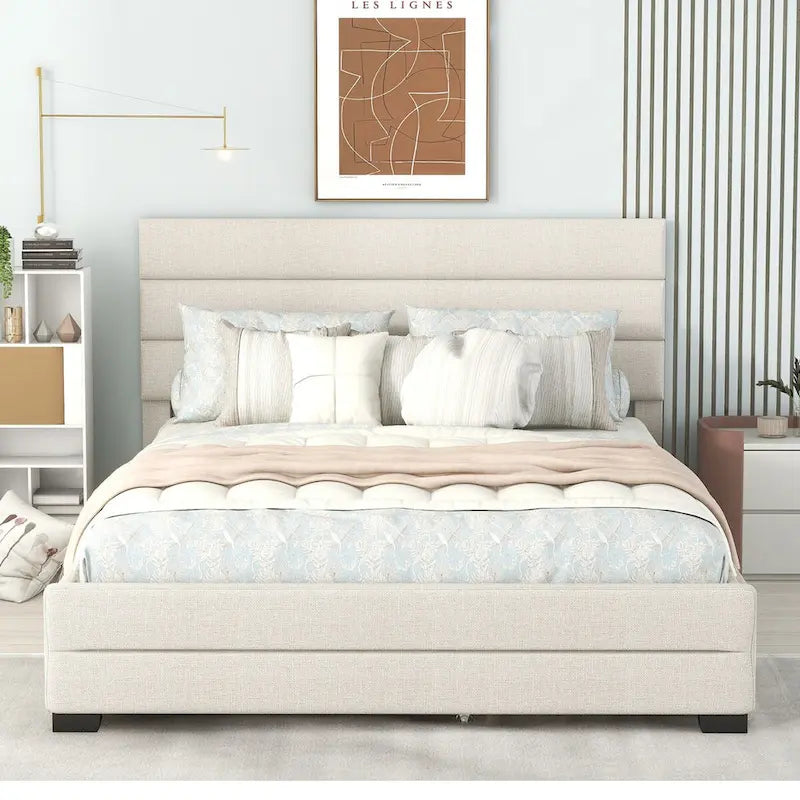 Cama plataforma tapizada Queen beige, con cama nido, cajones de almacenamiento, diseño moderno, estructura resistente