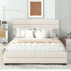 Cama plataforma tapizada Queen beige, con cama nido, cajones de almacenamiento, diseño moderno, estructura resistente