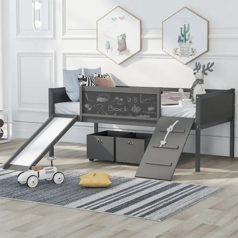 Cama alta de madera doble con dos cajas de almacenamiento