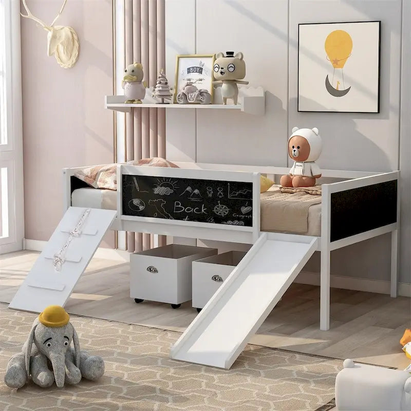 Cama alta de madera doble con dos cajas de almacenamiento