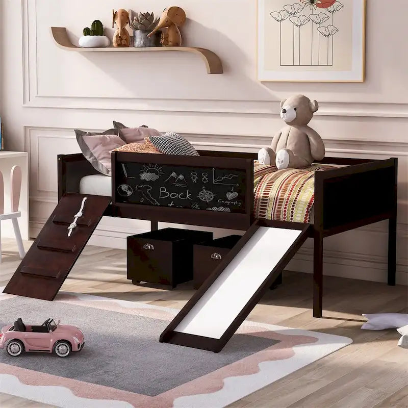 Cama alta de madera doble con dos cajas de almacenamiento