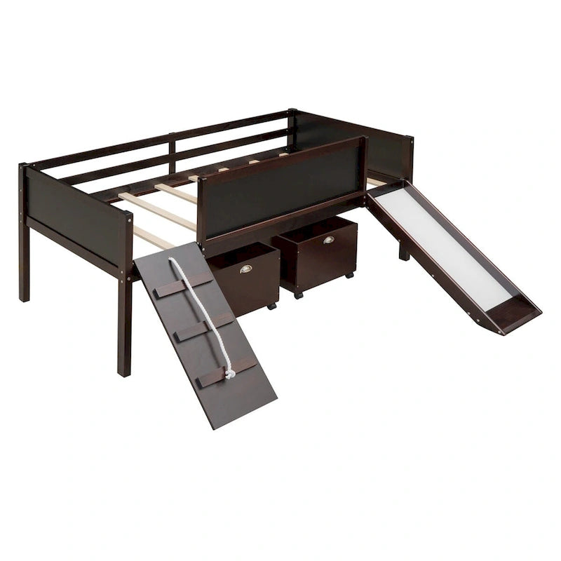 Cama alta de madera doble con dos cajas de almacenamiento