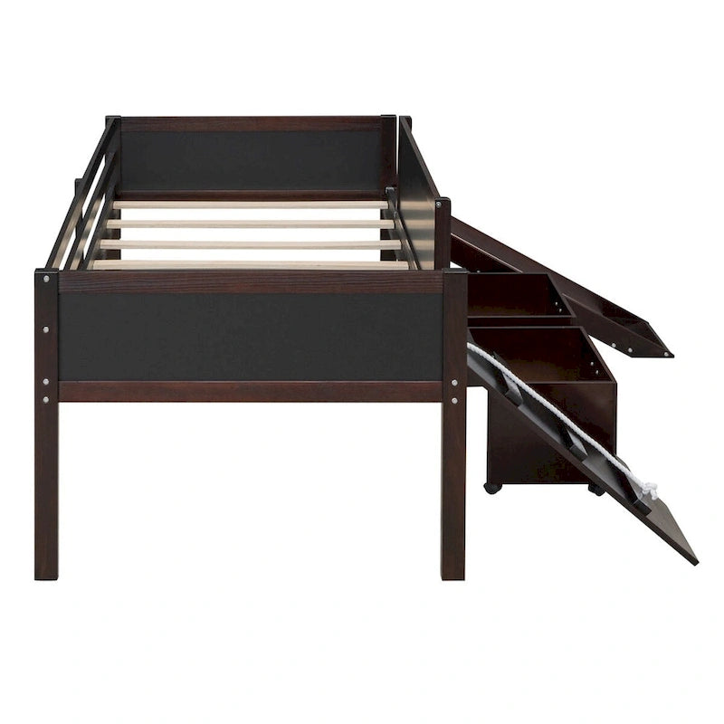 Cama alta de madera doble con dos cajas de almacenamiento